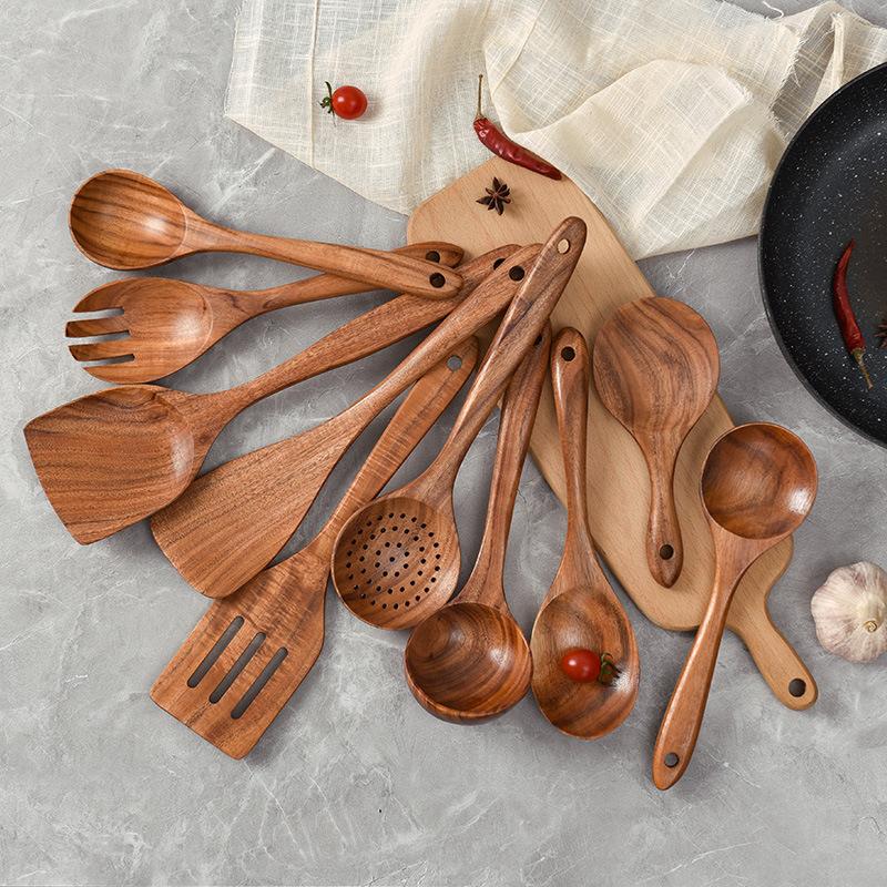 factory direct supply wholesale teak non-stick pan wooden turner wooden spoon wooden spatula cookware kitchenware set