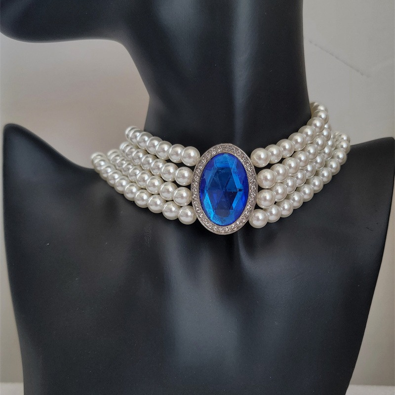 法式优雅复古多排珍珠项链chokerchoke女锁骨链镶钻颈链蓝色 yy24一1