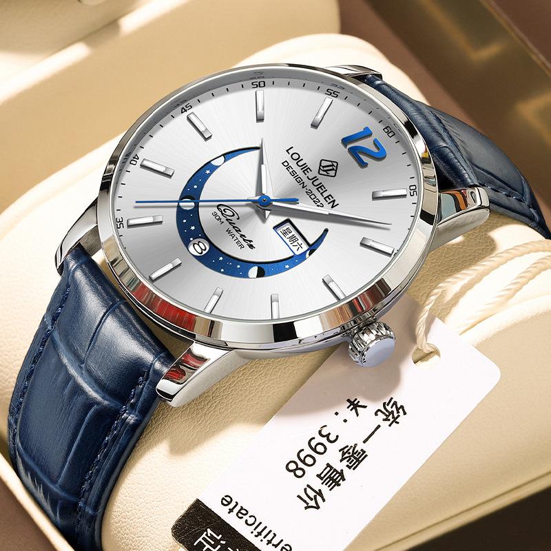 2023 new master moon phase luminous waterproof brand wrist watch men's fashion genuine leather strap quartz watch wholesale