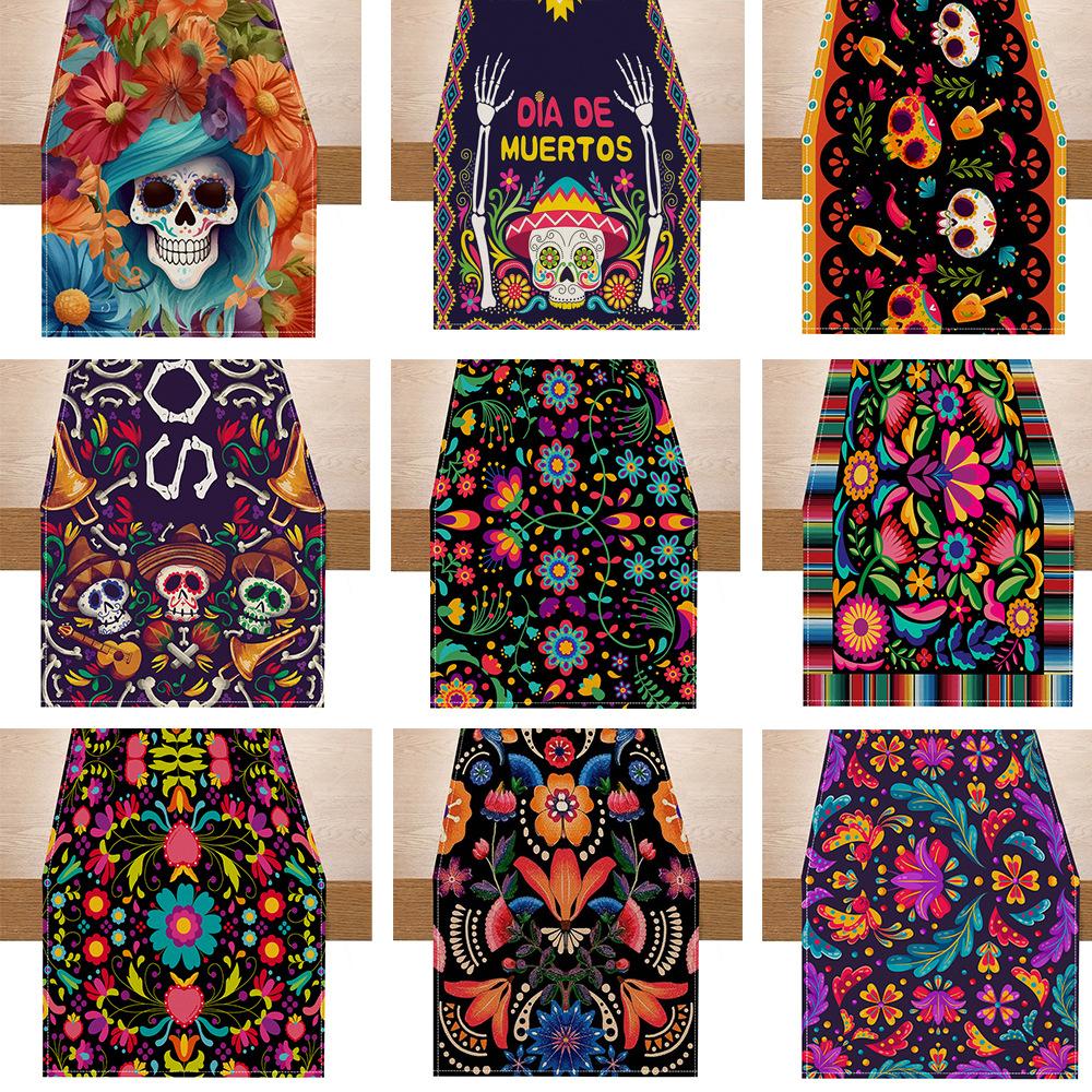 new mexican linen table runner skull floral printed tablecloth holiday decoration dining table cushion living room cabinet tablecloth