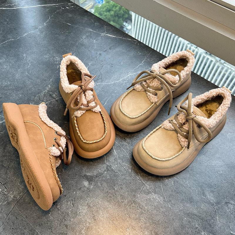 new fleece-lined women's shoes 2024 winter casual all-matching cotton shoes platform snow boots women retro white shoes women