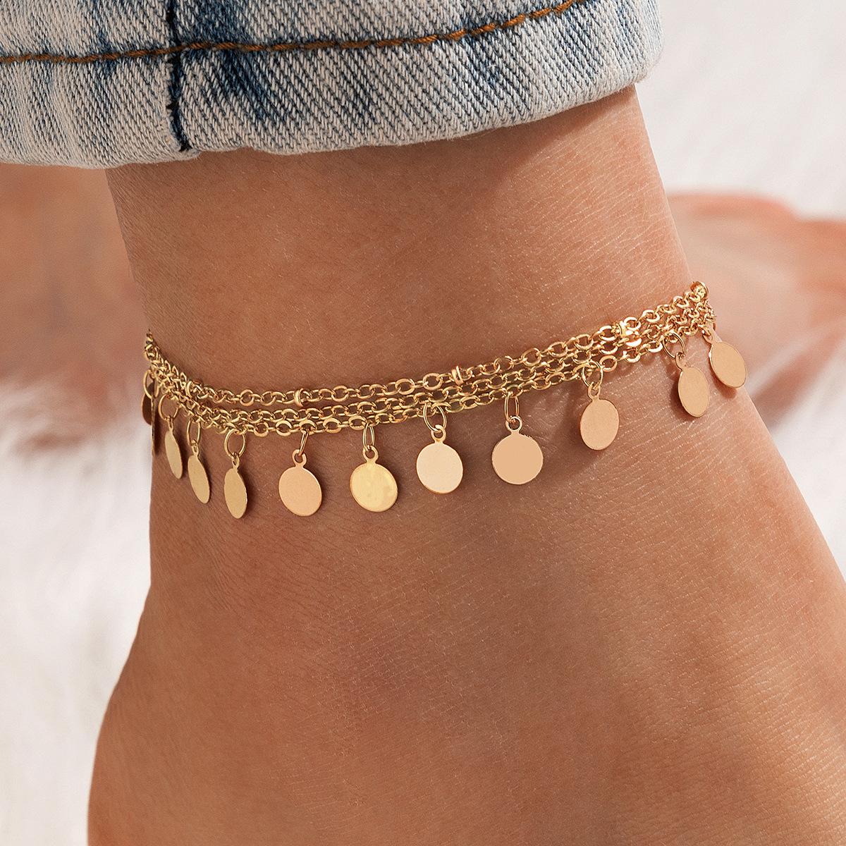 Cross-Border New Products Trendy Beach Anklet Metallic Wafer Tassel Anklet 3-Piece Set Multi-Layer Sequins Foot Accessories