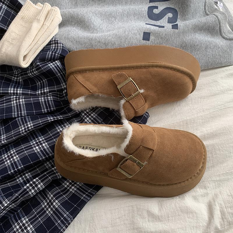 brown warm slip-on platform cotton shoes women's winter 2023 new fleece-lined boken fishing retro birkenstock