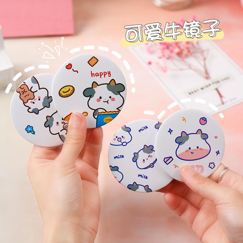 round makeup mirror cute cartoon happy cow mini-portable portable mirror girls makeup small mirror dressing mirror full figure