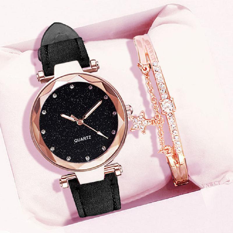 2021 foreign trade popular style silver pink rhinestone women's watch frosted leather watch strap women's casual trend two-piece set wrist watch