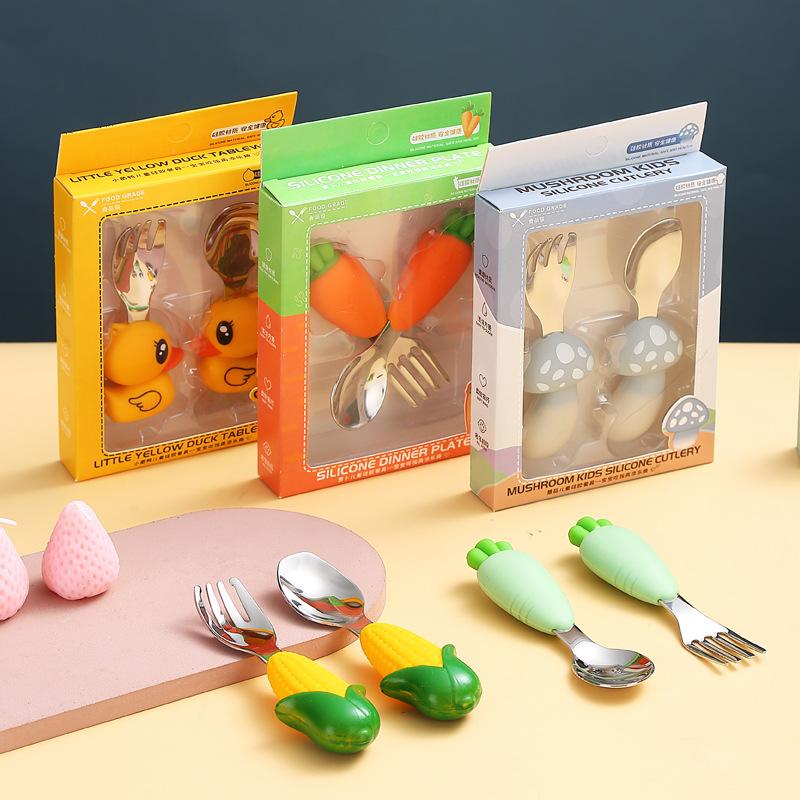 Baby Food Tableware Mushroom Silicone Fork Spoon Set Baby and Infant 304 Stainless Steel Feeding Spoon Carrot