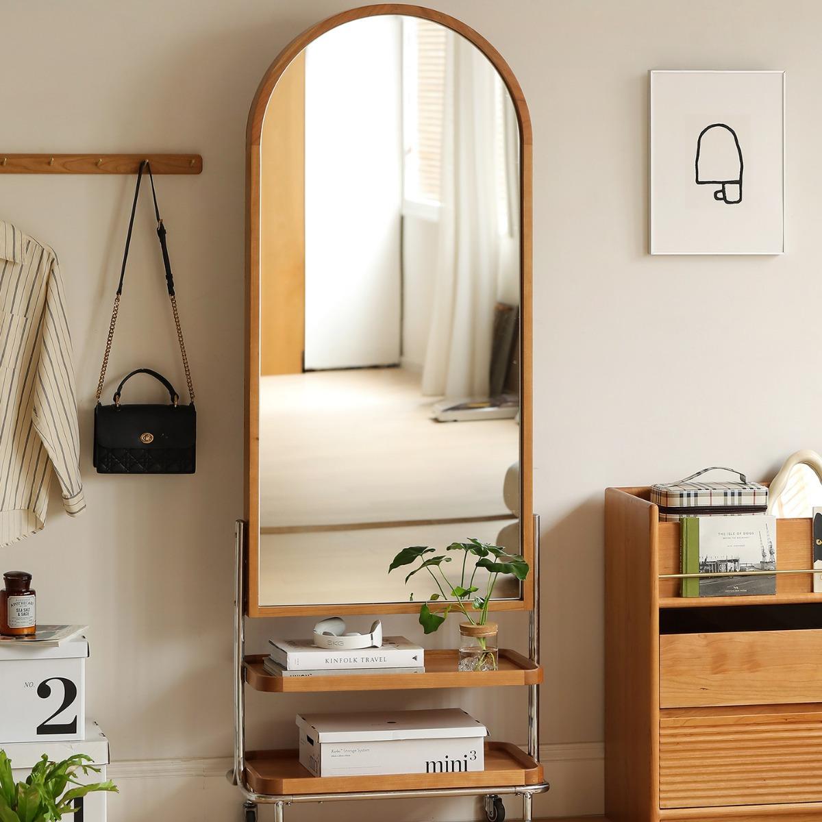 xingmu nuo yingrong storage mirror full-length mirror movable mirror storage magazine rack solid wood dressing mirror floor mirror