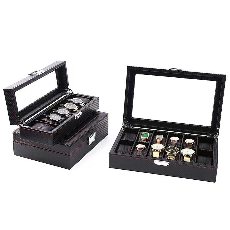 Wooden Watch Storage Box Carbon Fiber Leather Watch Display Box High-End Wood Grain Leather Watch Storage Box Spot