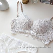 Cream Jacquard Lace Underwear Women's Wireless Upper Support Adjustable Breast Holding Small Chest Gathered Latex Bra Set