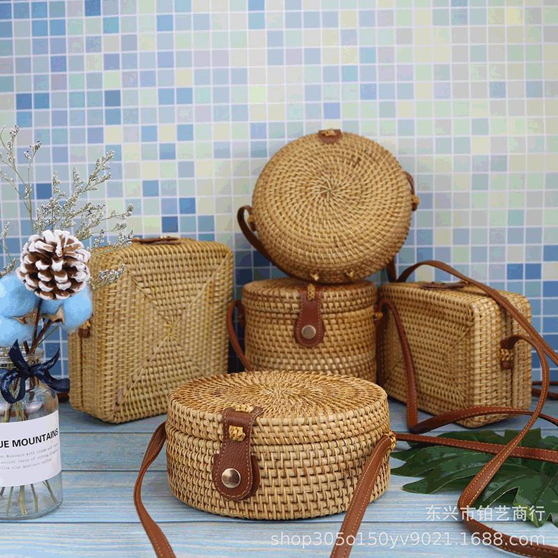 ins wholesale vietnam rattan weave bag hand-woven bag straw bag small round bucket shoulder crossbody bag