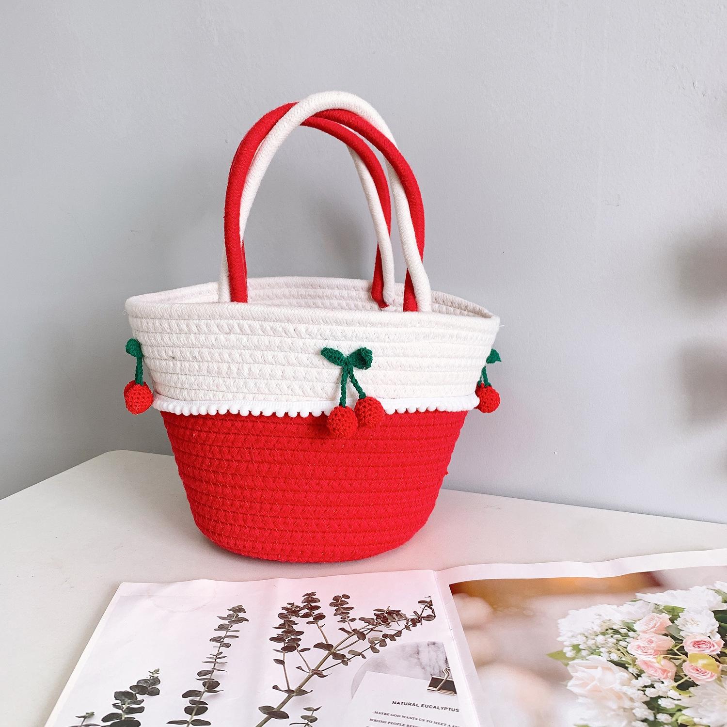 cherry small handbags women's new handmade cotton thread all-match and cute straw bag all-match seaside vacation woven bag