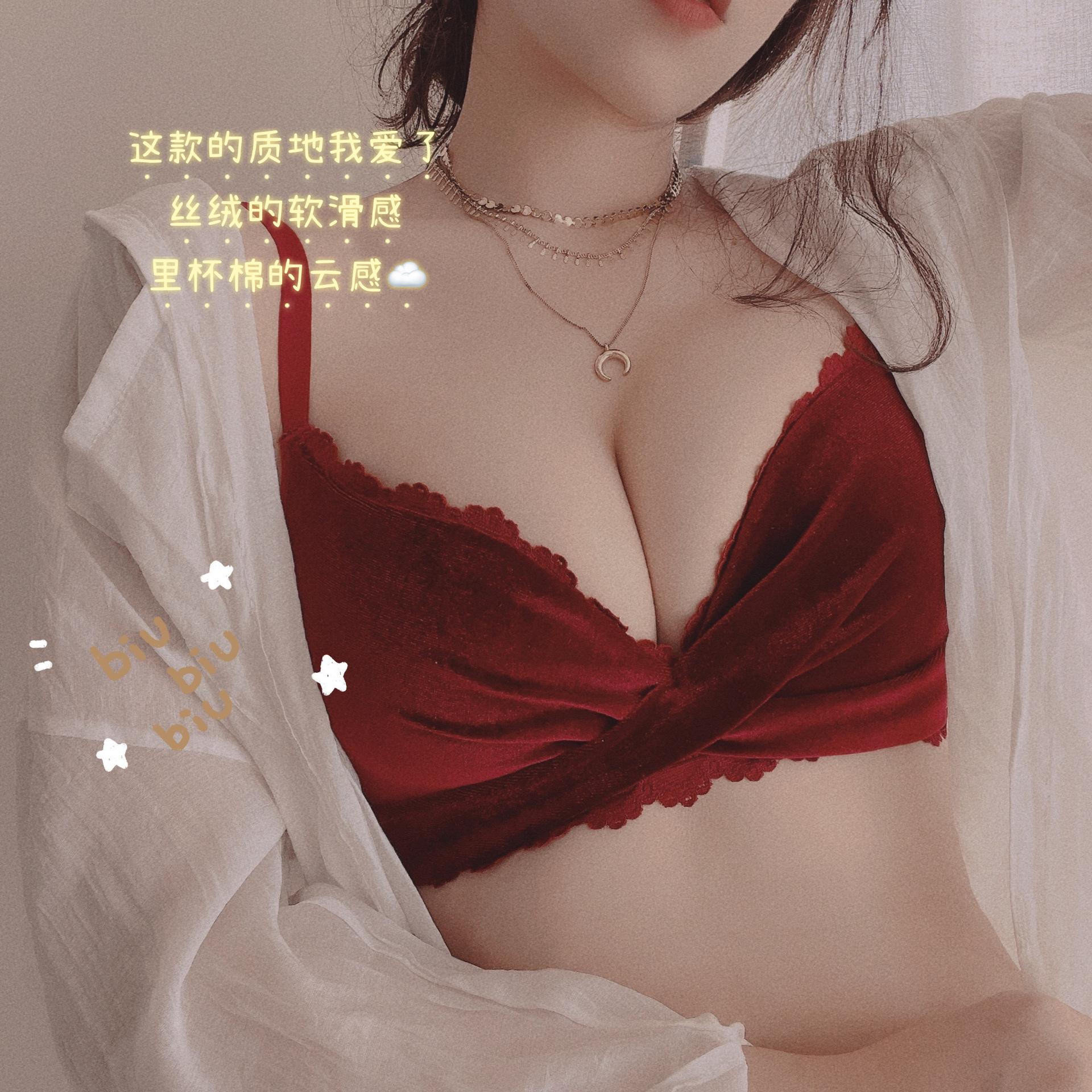 red makeup velvet small chest gathered bra without steel ring anti-sagging red bride one-piece bra set for birth year