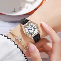 fashion trendy two-piece suit women's watch tonneau rhombus women's watch with diamonds roman surface belt casual quartz watch