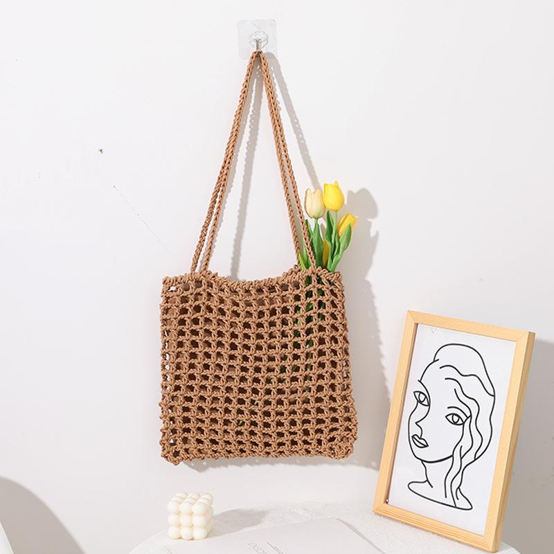 Korean Style New Small Pid Woven Bag All-Match Shoulder Cotton Tead Women's Bag Portable Hollow Fishing Net Bag Holiday Straw Bag