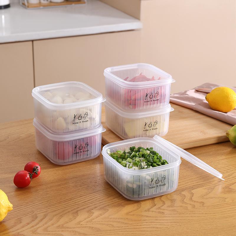 Fruits and Vegetables Chopped Green Onion Ginger Slice Garlic Fresh-Keeping Box Kitchen Refrigerator with Lid Drain Transparent Airtight Storage Storage Box