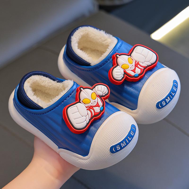 ultraman children cotton slippers autumn and winter warm with velvet cotton cover waterproof big middle children parent-child kids' cotton shoes