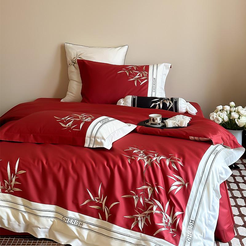 new chinese style 100 long-staple cotton four-piece set classical embroidery tencel cotton quilt cover bed sheet double beddings