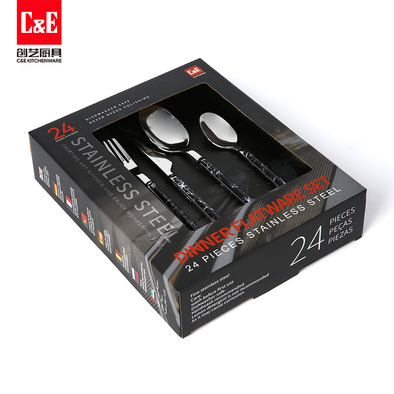 C&E Creative 24-piece set of stainless steel retro steak knife, dessert spoon and salad fork for home use in restaurants Specification image
