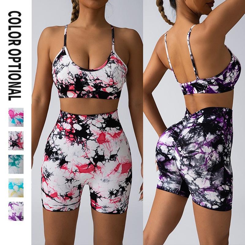 yoga shorts bra set women's summer tie-dyed sports sexy vest running fitness hip lifting shorts high sense