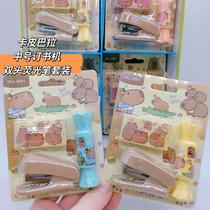 cartoon leather kabala mini stapler with fluorescent pen set portable and cute student test paper file stapler