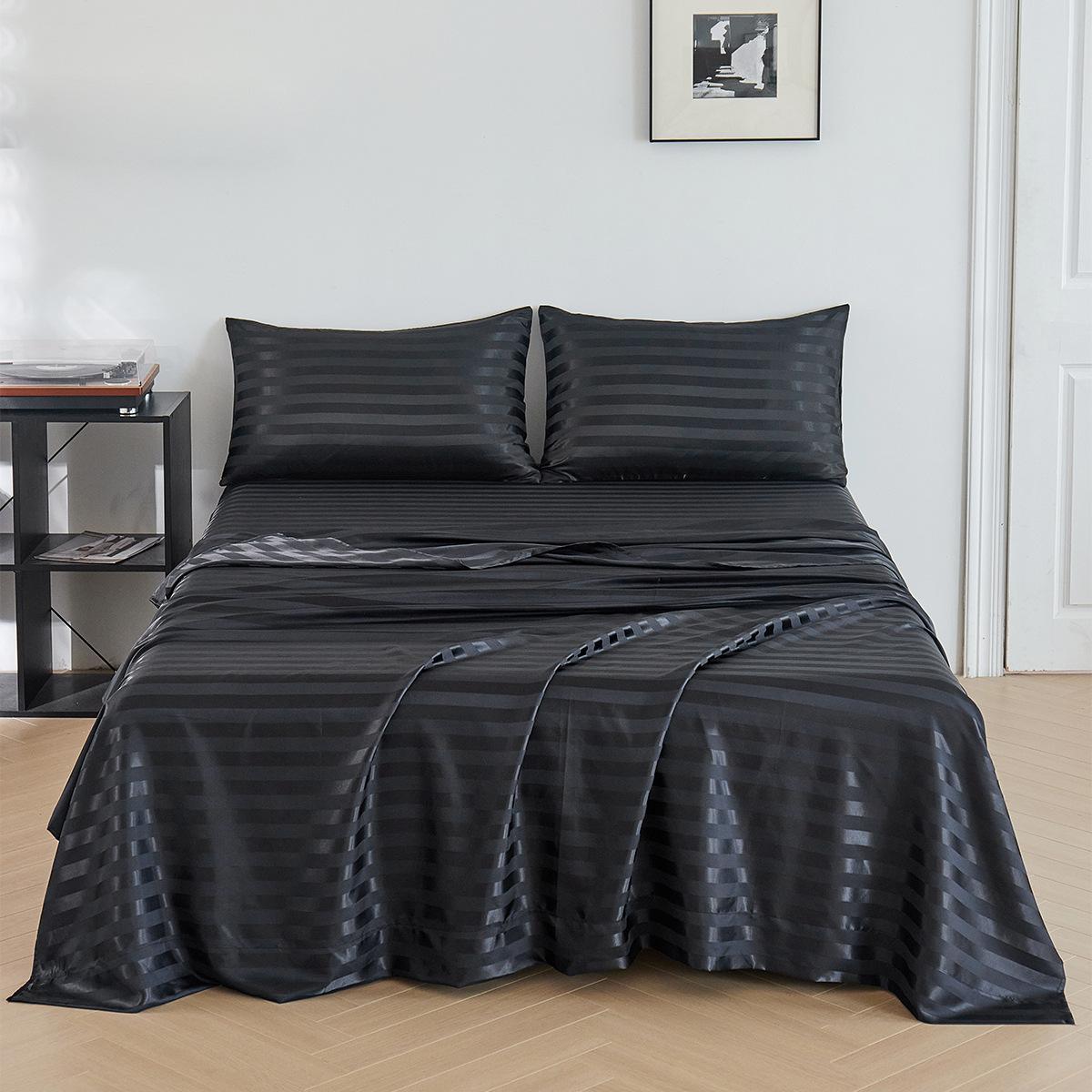 cross-border amazon hot sale satin imitated silk fabric four pieces bed sheet fitted sheet pillowcase satin stripe jacquard bedding