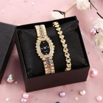 korean fashion full diamond suit women's watch bracelet watch starry sky dial simple women's square rhinestone quartz watch