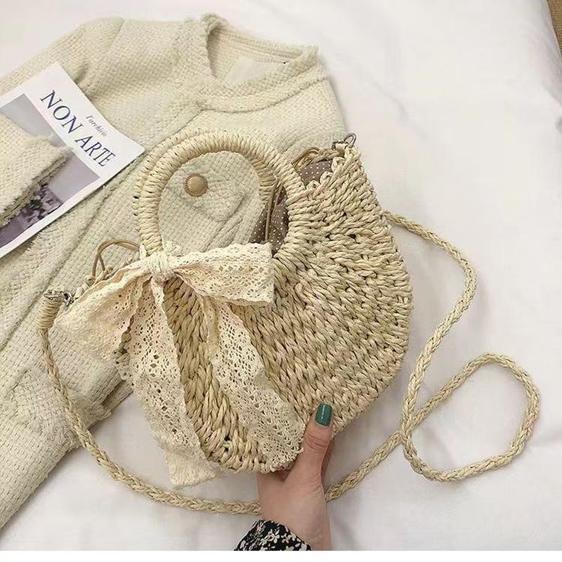 women's bag 2023 new korean style lace bow woven bag women's rattan and straw woven beach bag handbag
