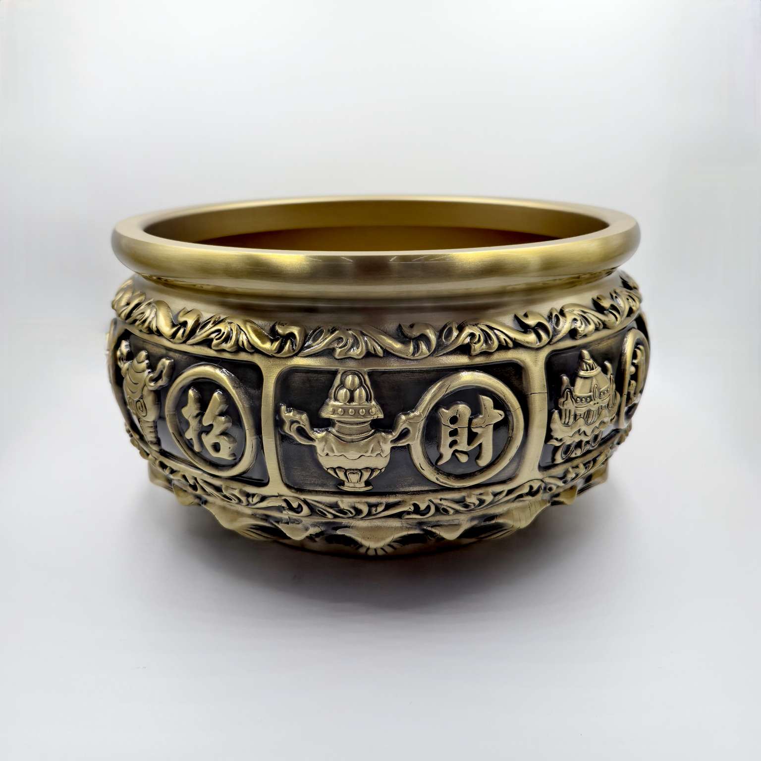 义乌市琳烺工艺品 批发零售各尺寸黄铜有求必应聚宝盆摆件白底实物图