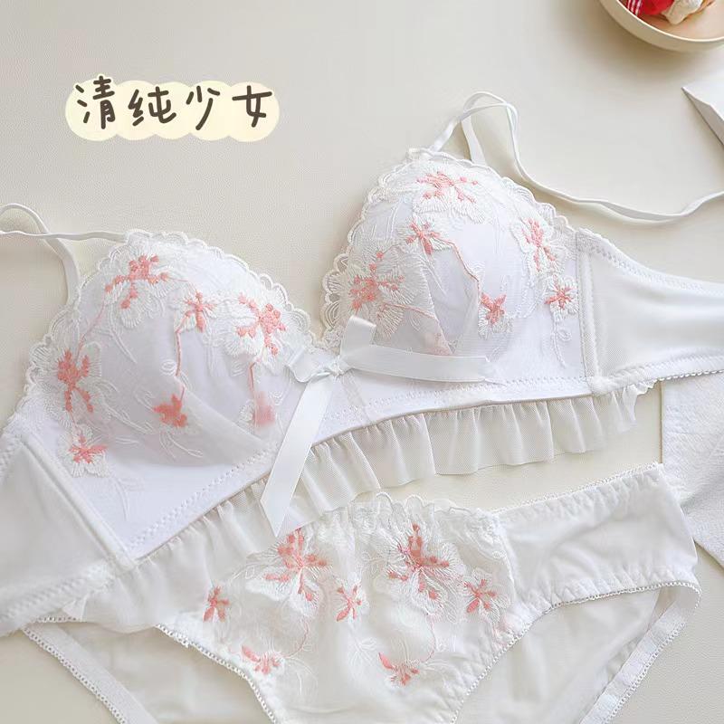 latex french flowers embroidered underwear women's small chest push up wireless adjustable anti-sagging lace bra set
