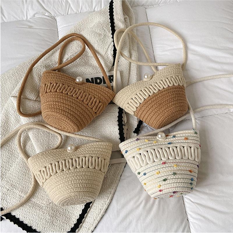 crossbody straw bag cotton thread woven bag mobile phone change key case hollow cotton thread woven bag casual cute women's bag