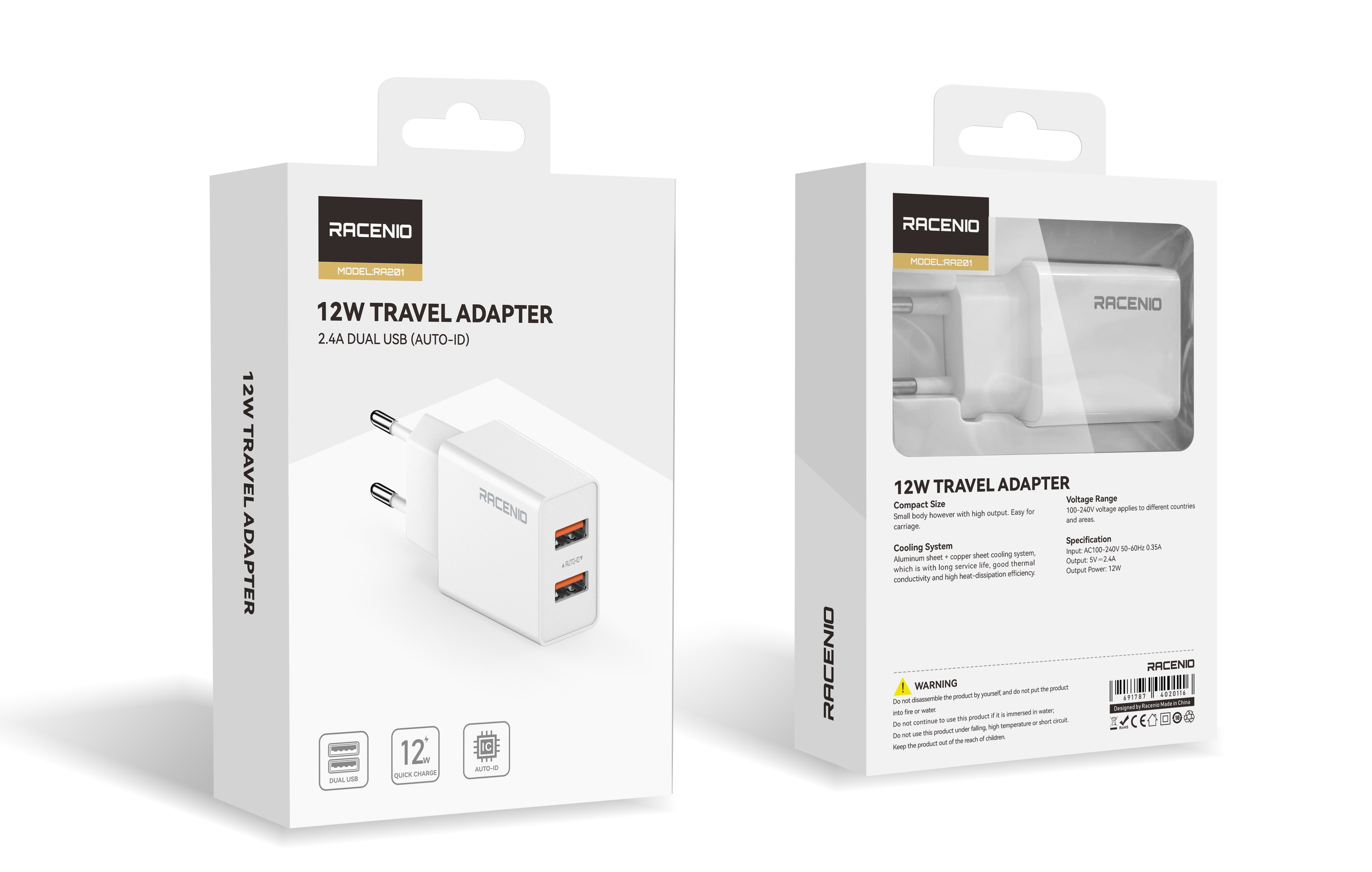 RACENIO 双U充电器 12W 旅行充电器 
