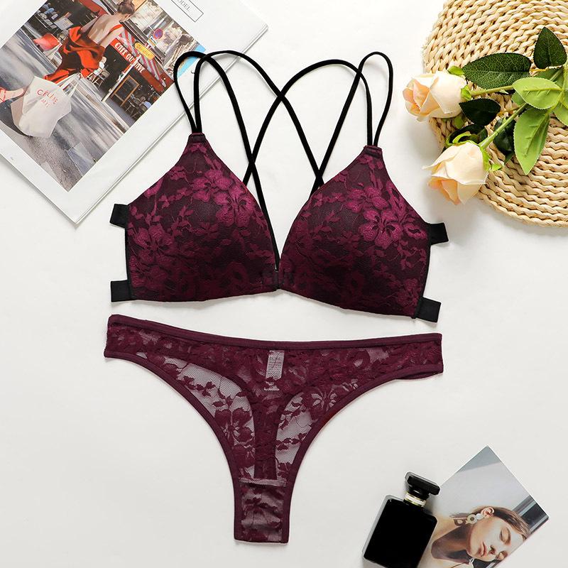 amazon hot sexy lace lingerie panties set european and american style bare back front buckle bra set supply