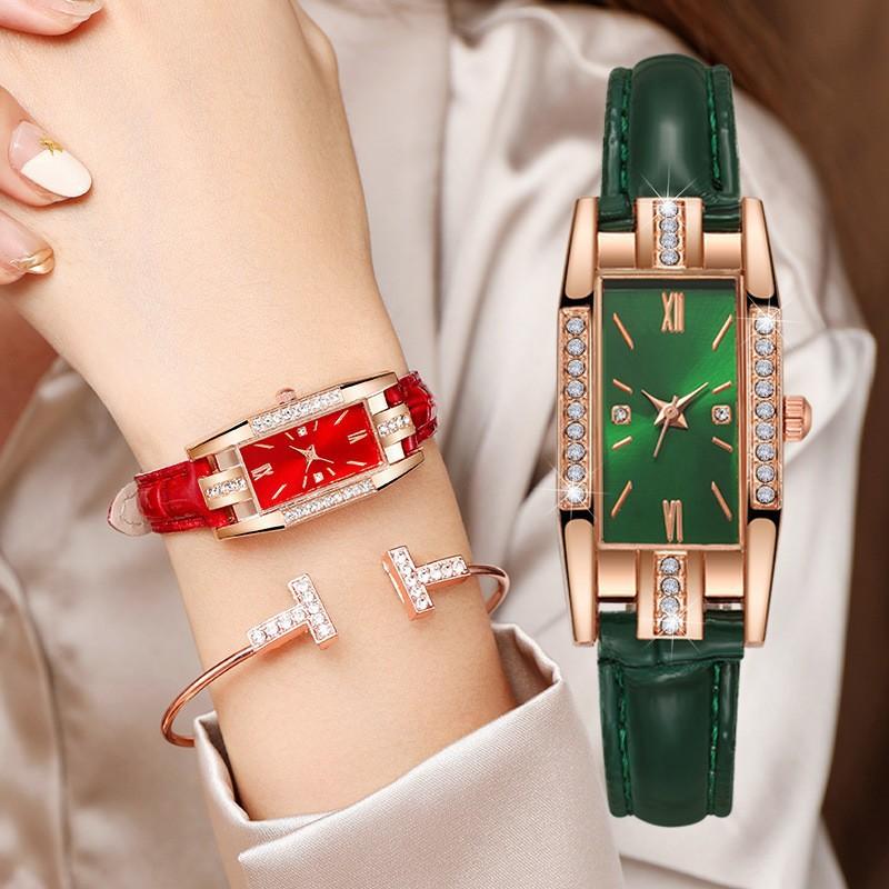 Small Green Watch Douyin Style Watch Live Girls' Watch Retro Internet Hot Diamond-Embedded Small Green Watch Green Disc Student Watch