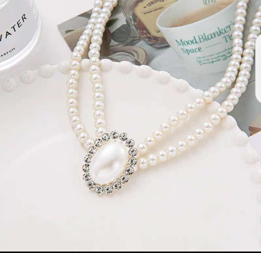 高质量复古宫廷vintage短款镶C钻珍珠项链女百搭简约双层素媛锁骨饰品产品图