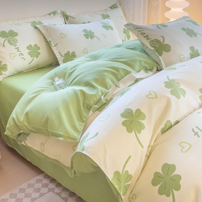 ins style cotton four-piece set thickened, sanded fabric fresh cotton bed sheet quilt cover fitted sheet dormitory three-piece set