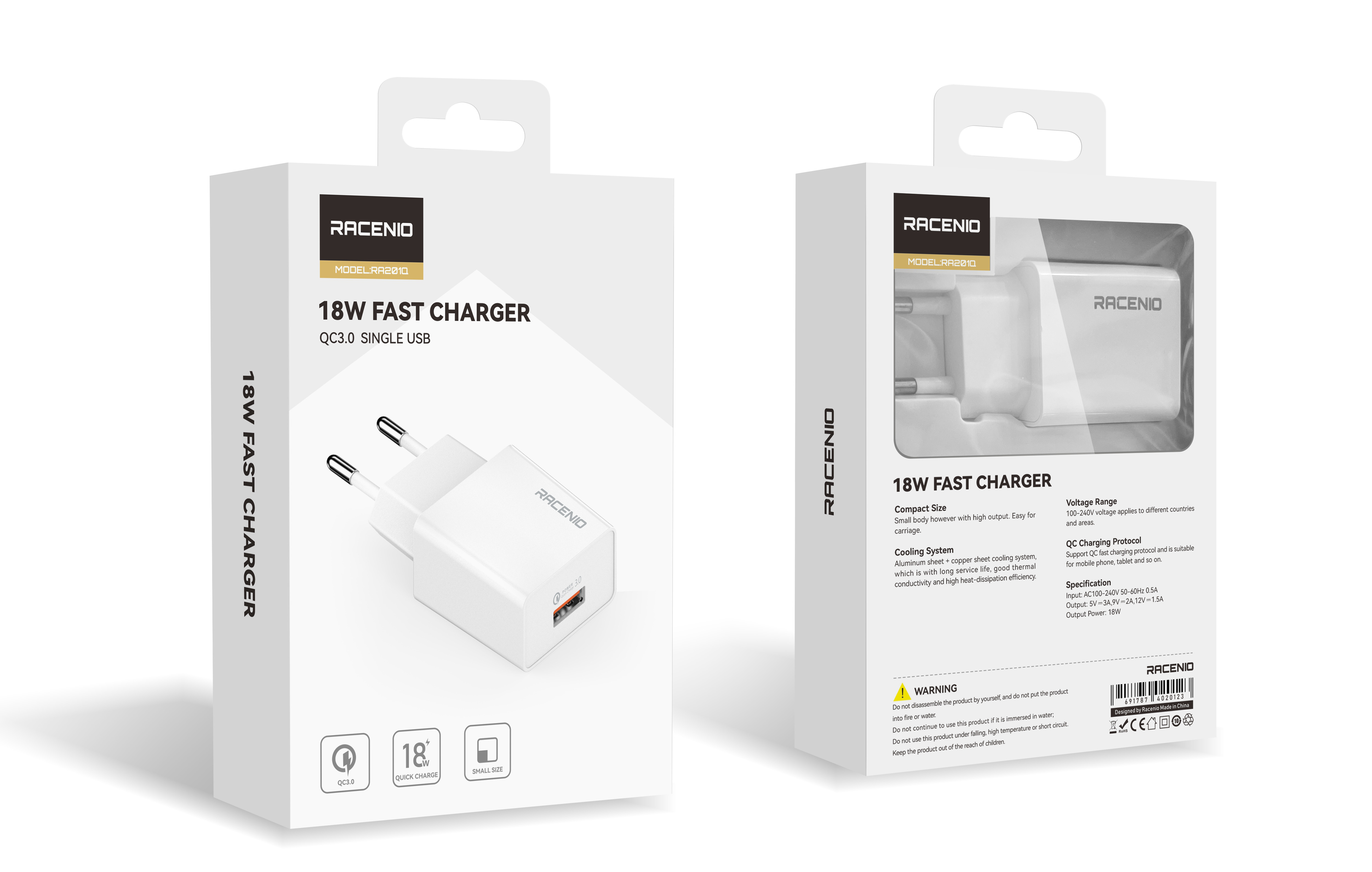 RACENIO USB快充充电器 18W QC3.0快充 旅行充电器 