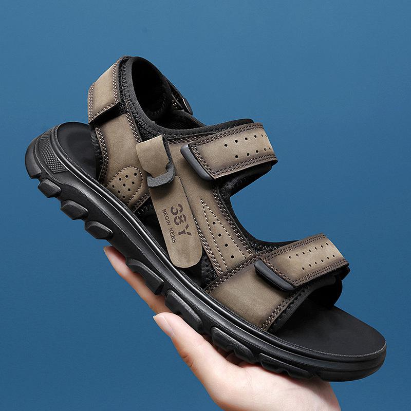 men's fashionable summer outdoor sandals sport climbing breathable non-slip authentic leather hollow out travel shoes men's casual beach shoes