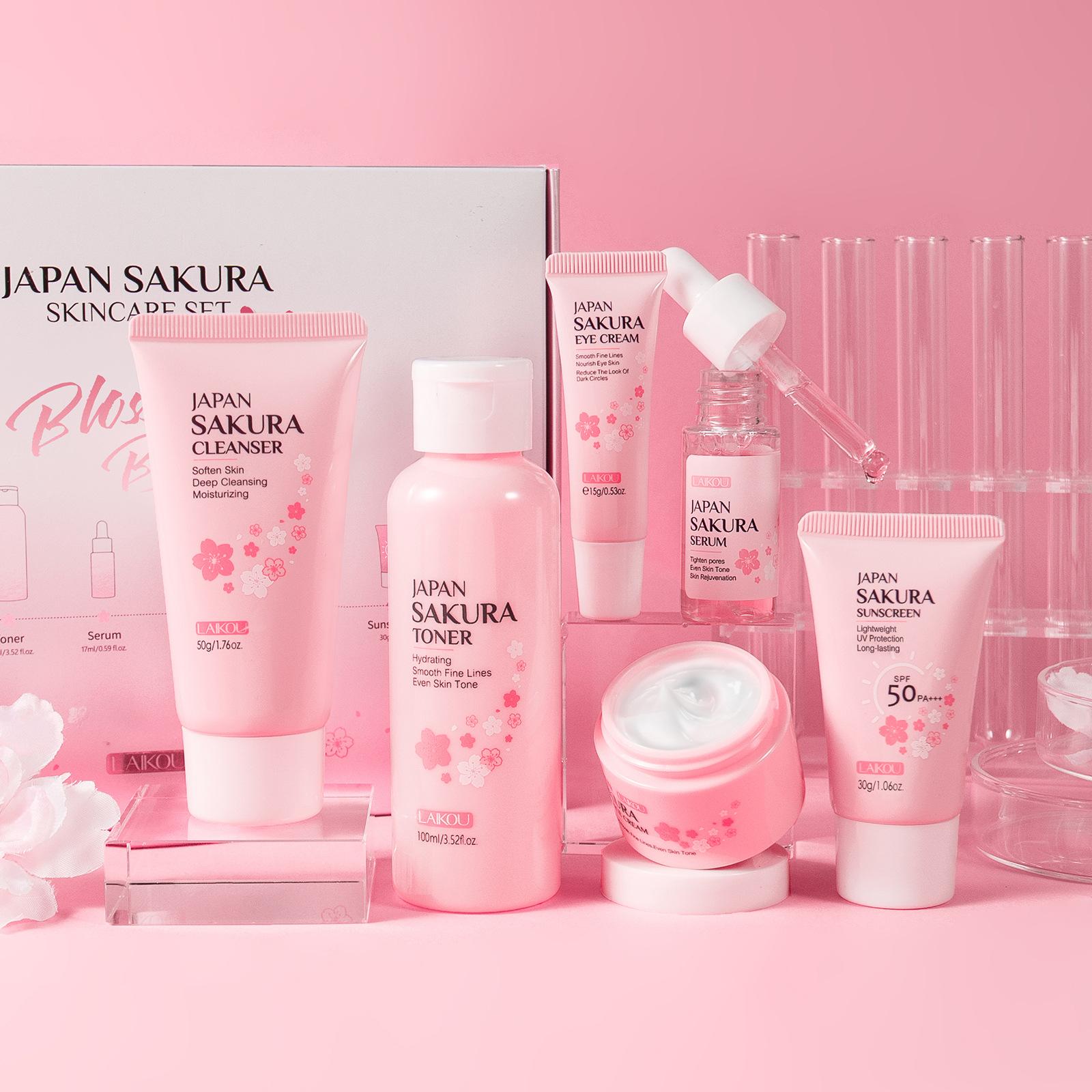 cross-border laikou cherry blossom skin care six-piece cleansing essence eye cream face cream lotion sunscreen