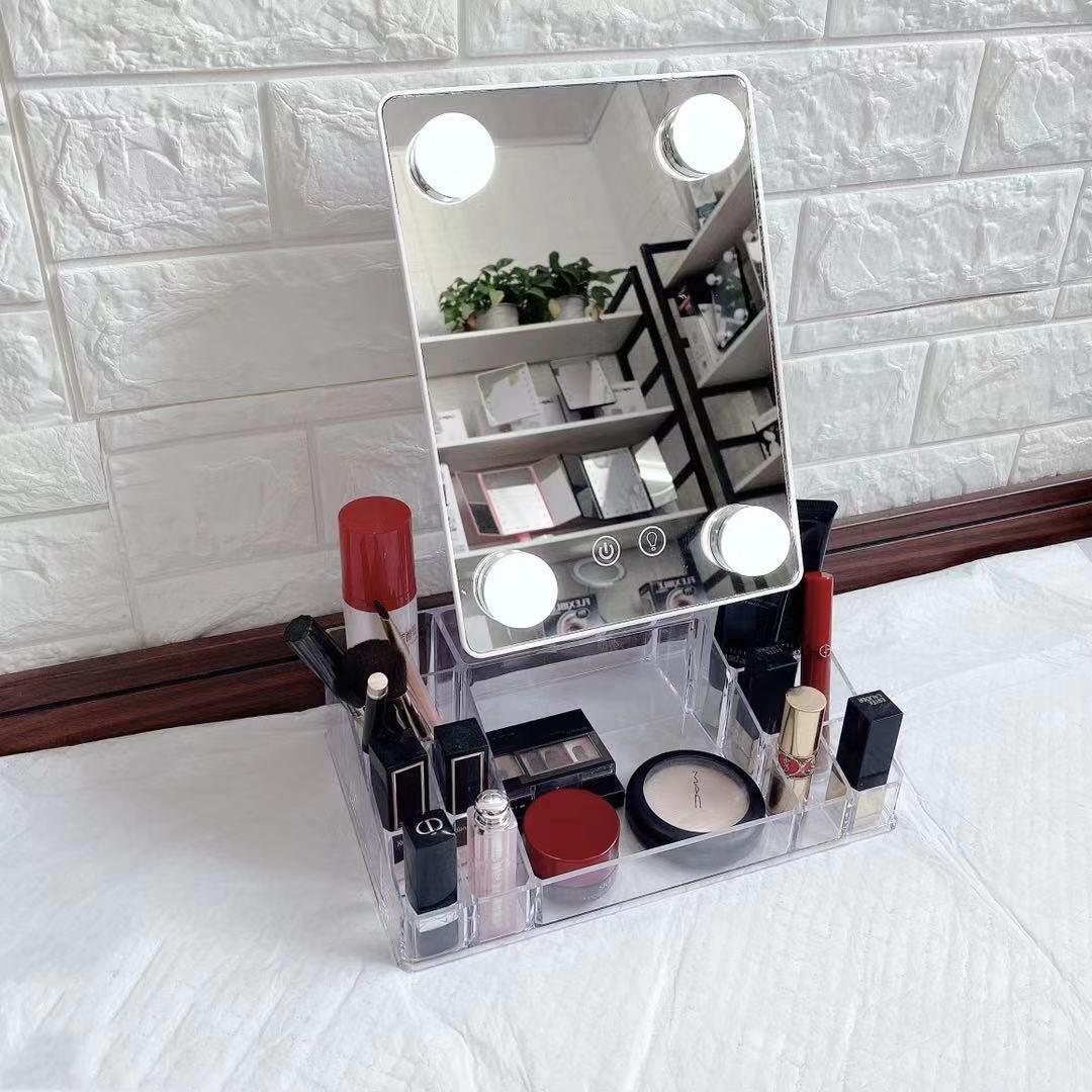 Led Crystal Makeup Mirror Square Desktop Makeup Mirror 360 Degree Portable Vanity Mirror Led Makeup Mirror with 4 Bulbs