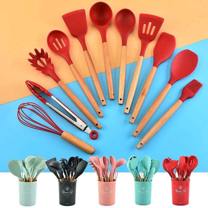 factory wholesale wooden handle silicone kitchenware 11 pcs silicone kitchenware suit silicone shovel kitchen utensils in stock