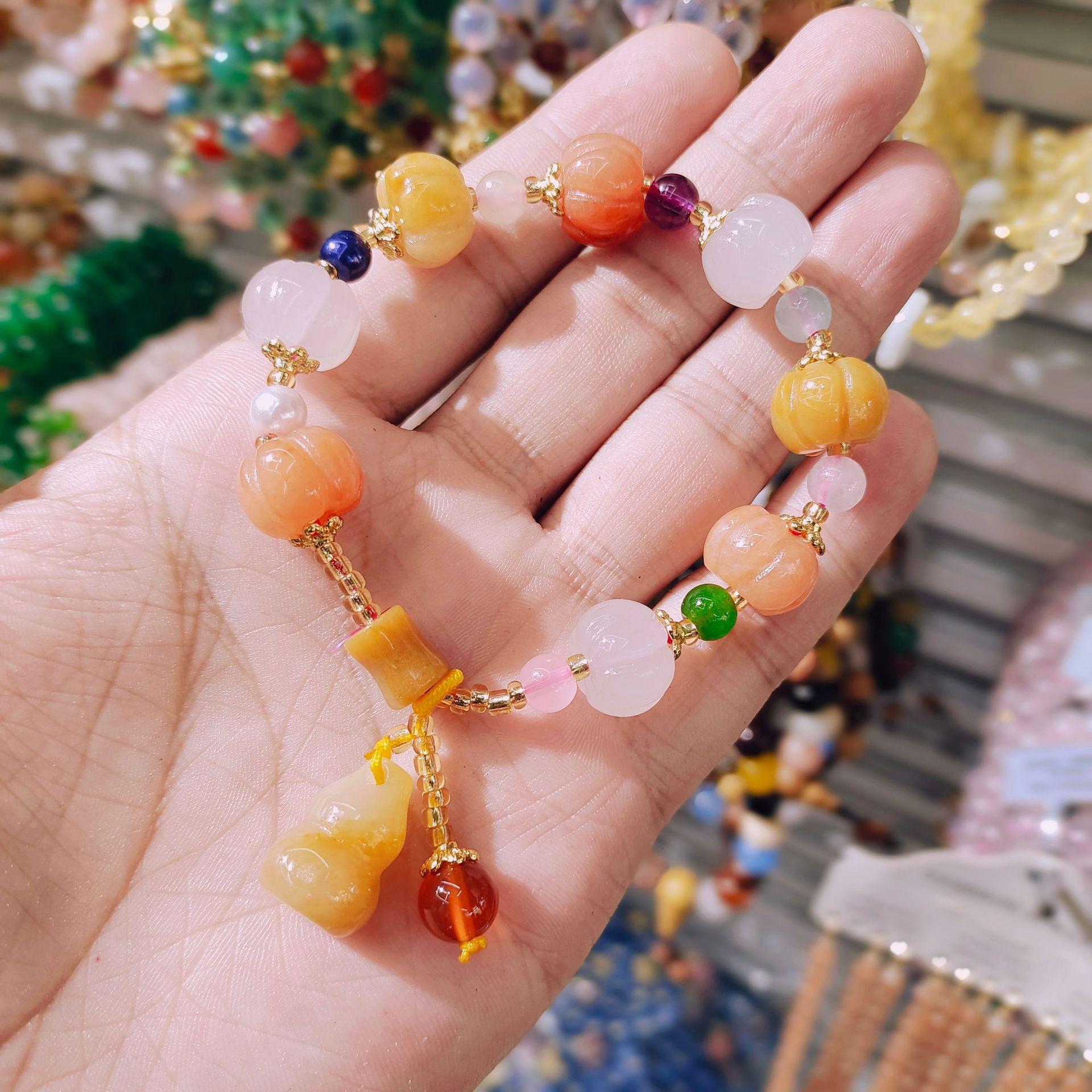 Duobao Jinsi Jade Pumpkin Beads Bracelet with Calabash Pendent Colored Jade Bracelet Temple Tourist Souvenir