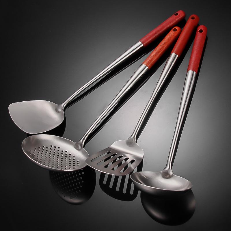 304 Stainless Steel Spatu Lengthened Pear Flower Wooden Handle Household Kitchen Spatu Cooking Kitchenware del Conder Suit