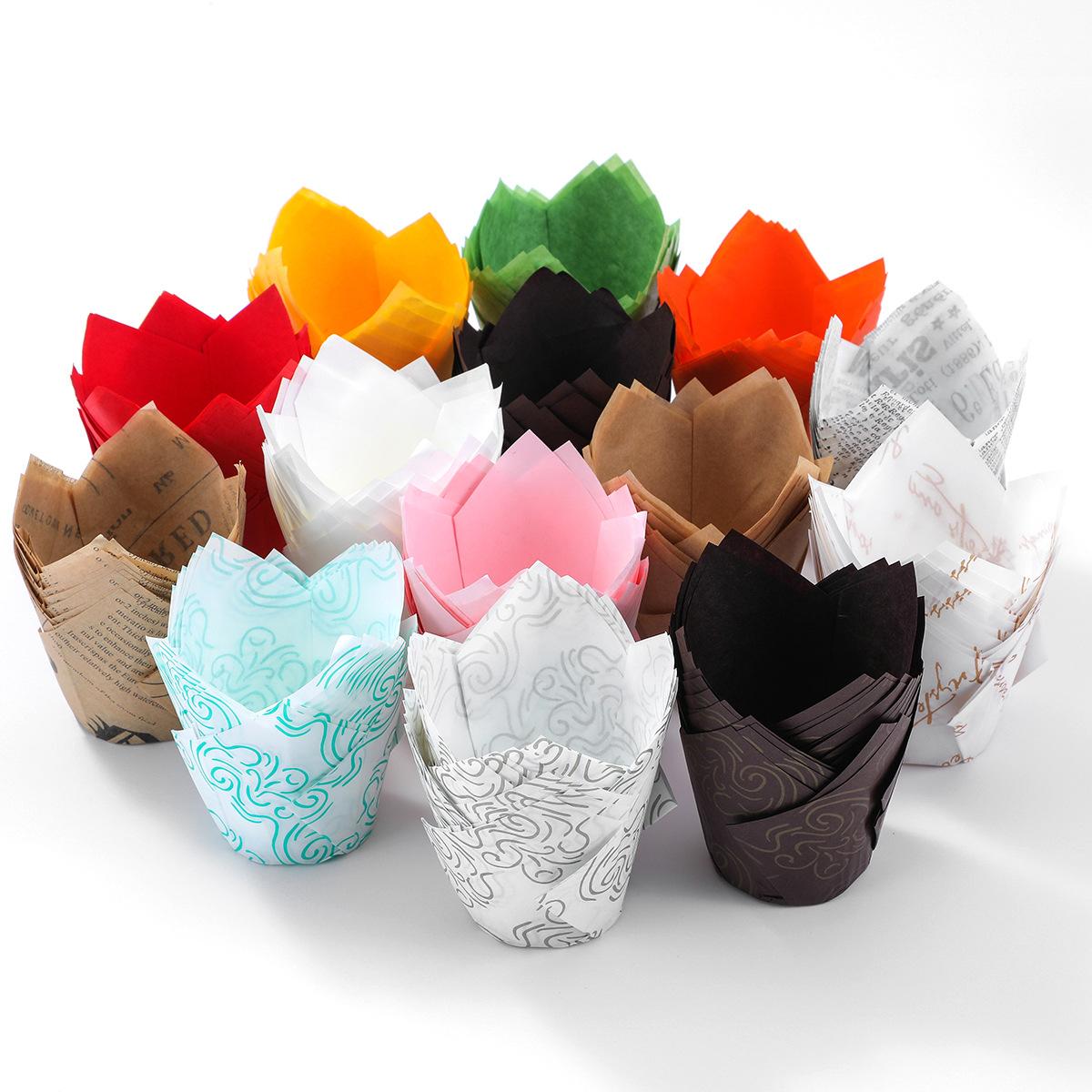 Spot Goods 100 PCs Tulip Cake Paper Cups Disposable Heatproof Baking Oil-Proof Paper Cup Cake Paper Tray