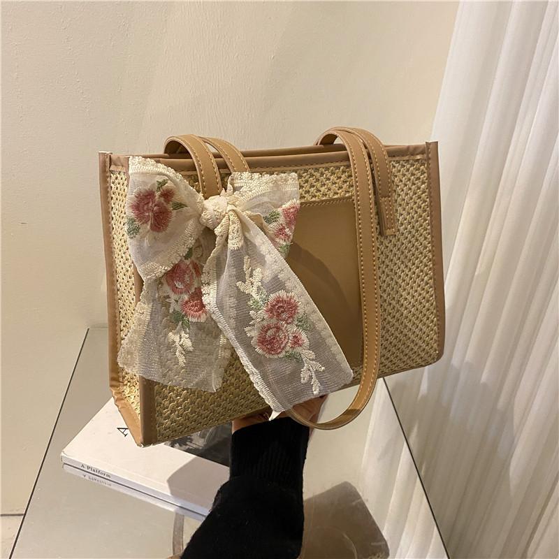 new straw tote bag simple elegant silk scarf shoulder bag 2024 lady summer beach large capacity handbag