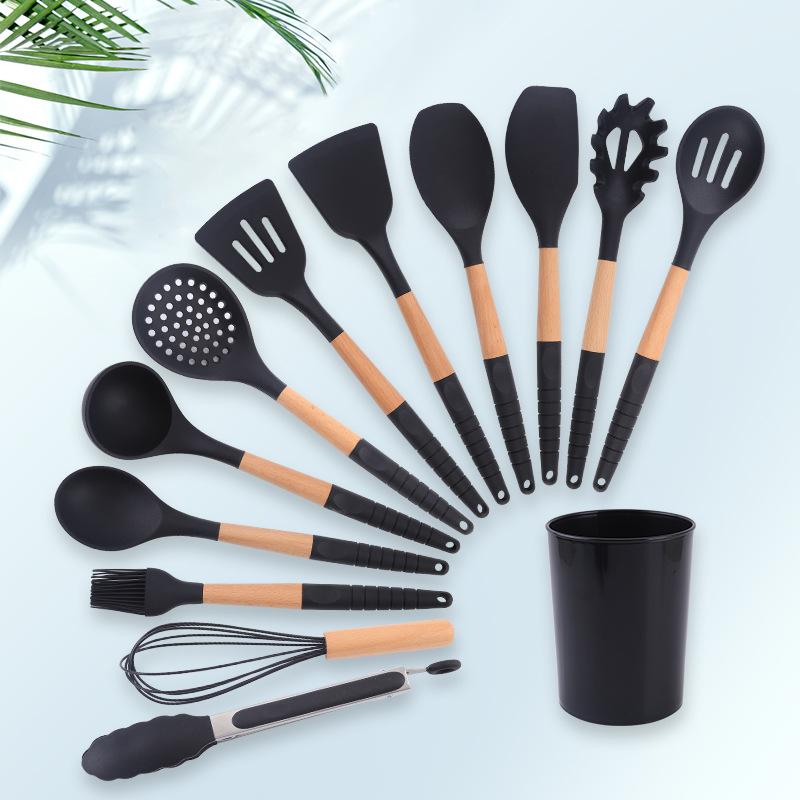 black rubber and beech 13-piece kitchenware wooden handle silicone kitchenware set with storage bucket cooking kitchenware wholesale