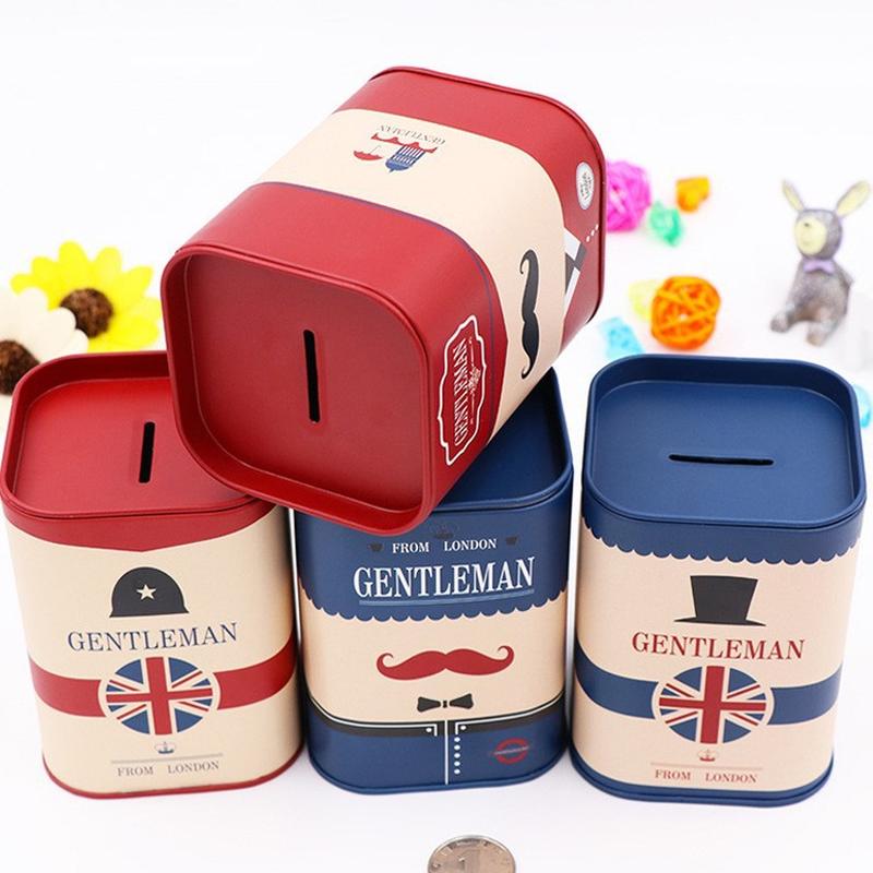 creative square metal tinplate piggy bank british style storage tank cartoon children's pen container storage tank manufacturer