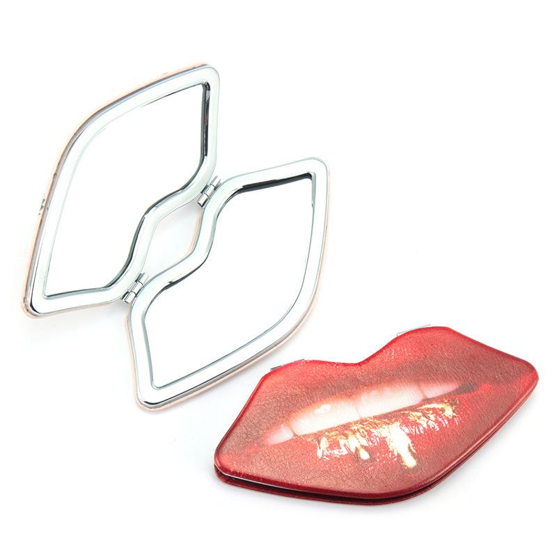 New Lip Shape Pu Women Makeup Mirror Double-Sided Foldable Portable Beauty Makeup Mirror