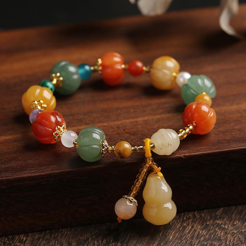 Qiyi Natural Jinsi Jade Pumpkin Beads Bracelet Ladies Girlfriends Small Gift Calabash Pendent Bell Jade Bracelet