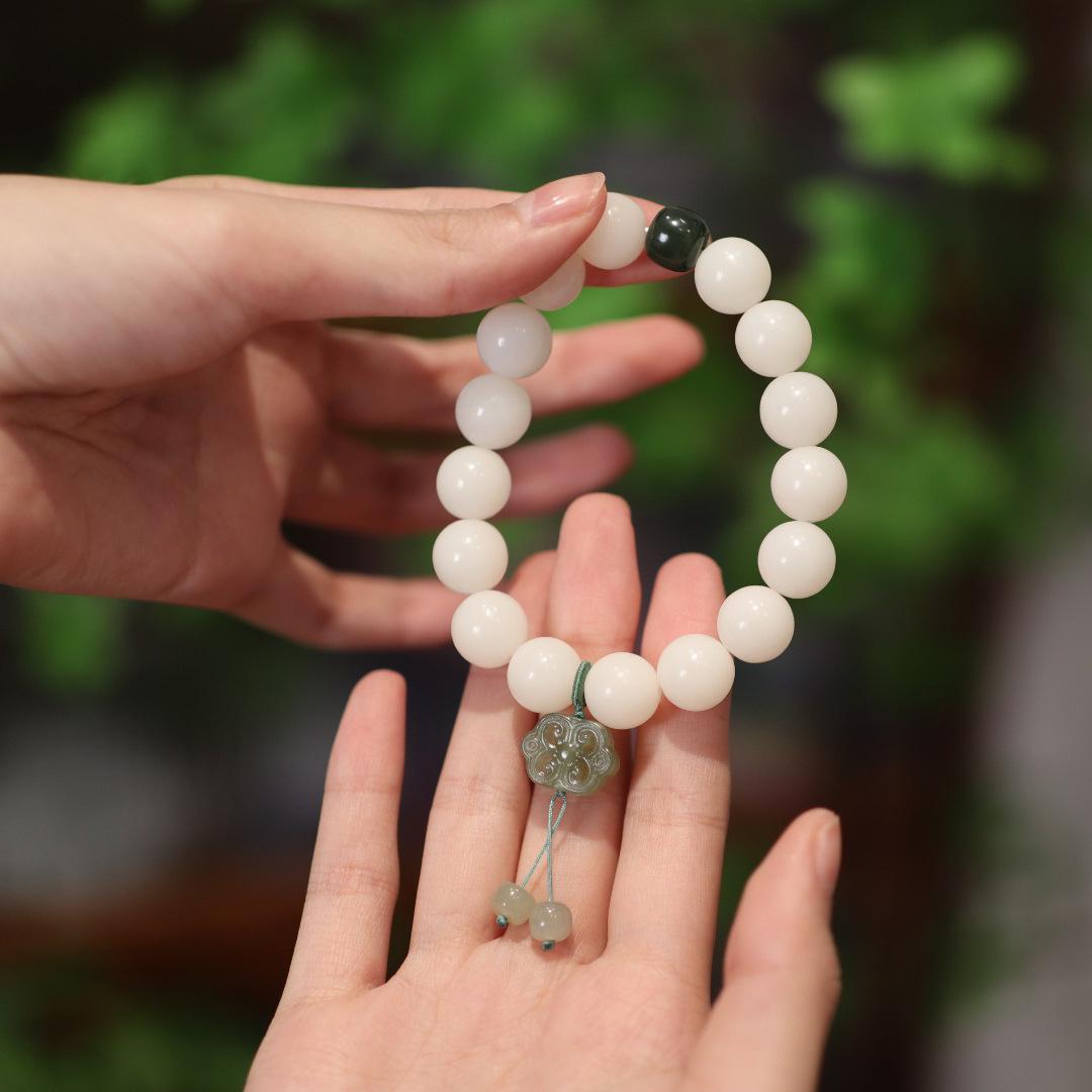 Natural 12mm White Jade Bodhi Bracelet Hetian Jade Ruyi Tree Bodhi Jade Bracelet Pliable Temperament Crafts