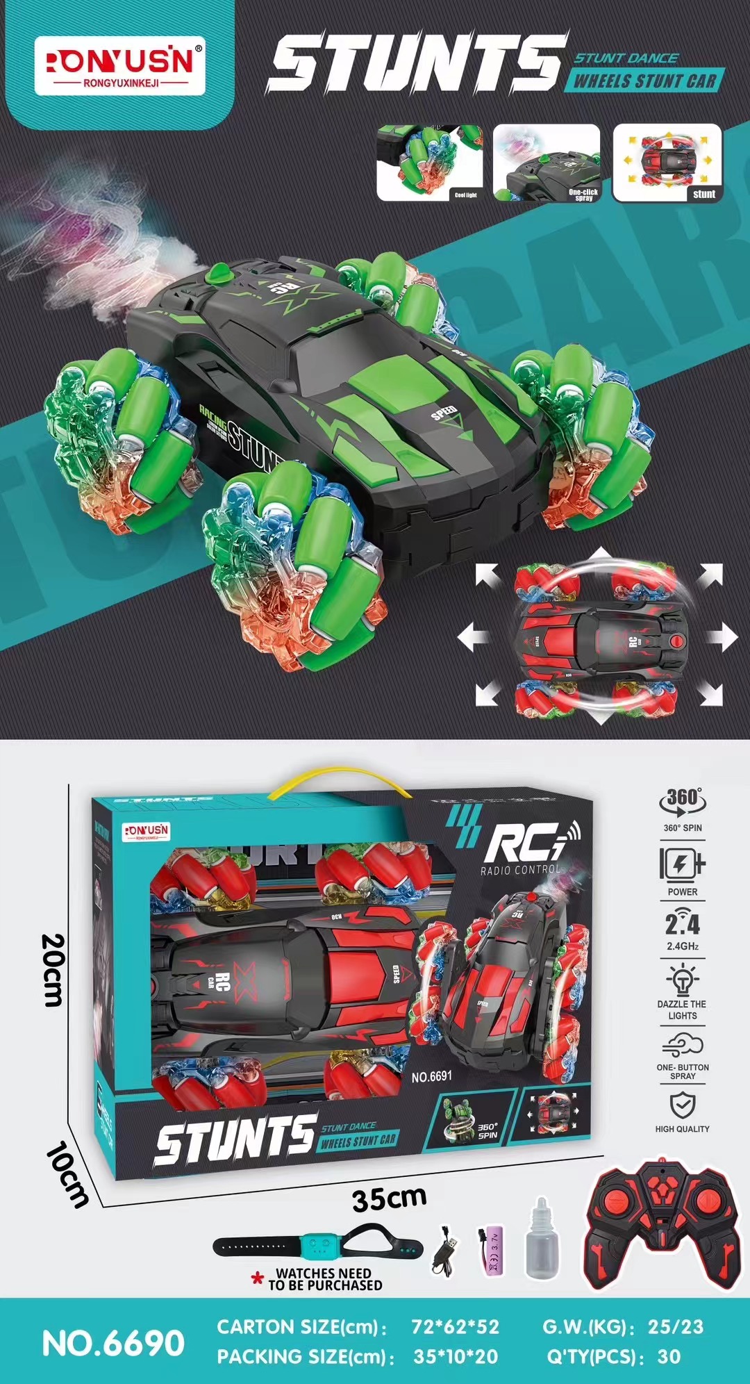 Four-wheel drive remote-controlled transformable rolling car with lights, sound effects and spray function details Picture